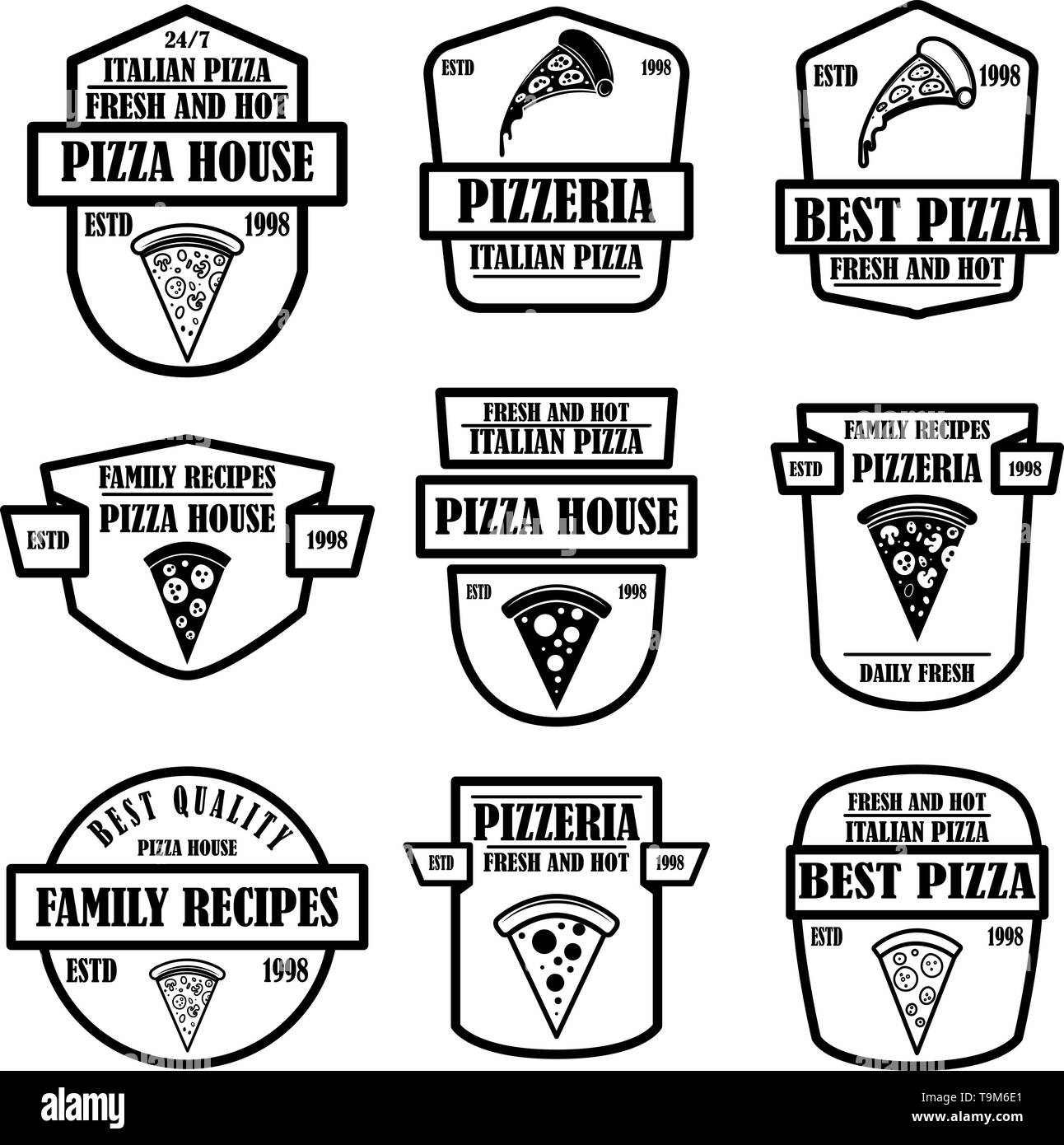 Jeu de pizza house, pizzeria emblèmes. L'élément de conception de logo, affiche, étiquette, signe. Vector illustration Illustration de Vecteur