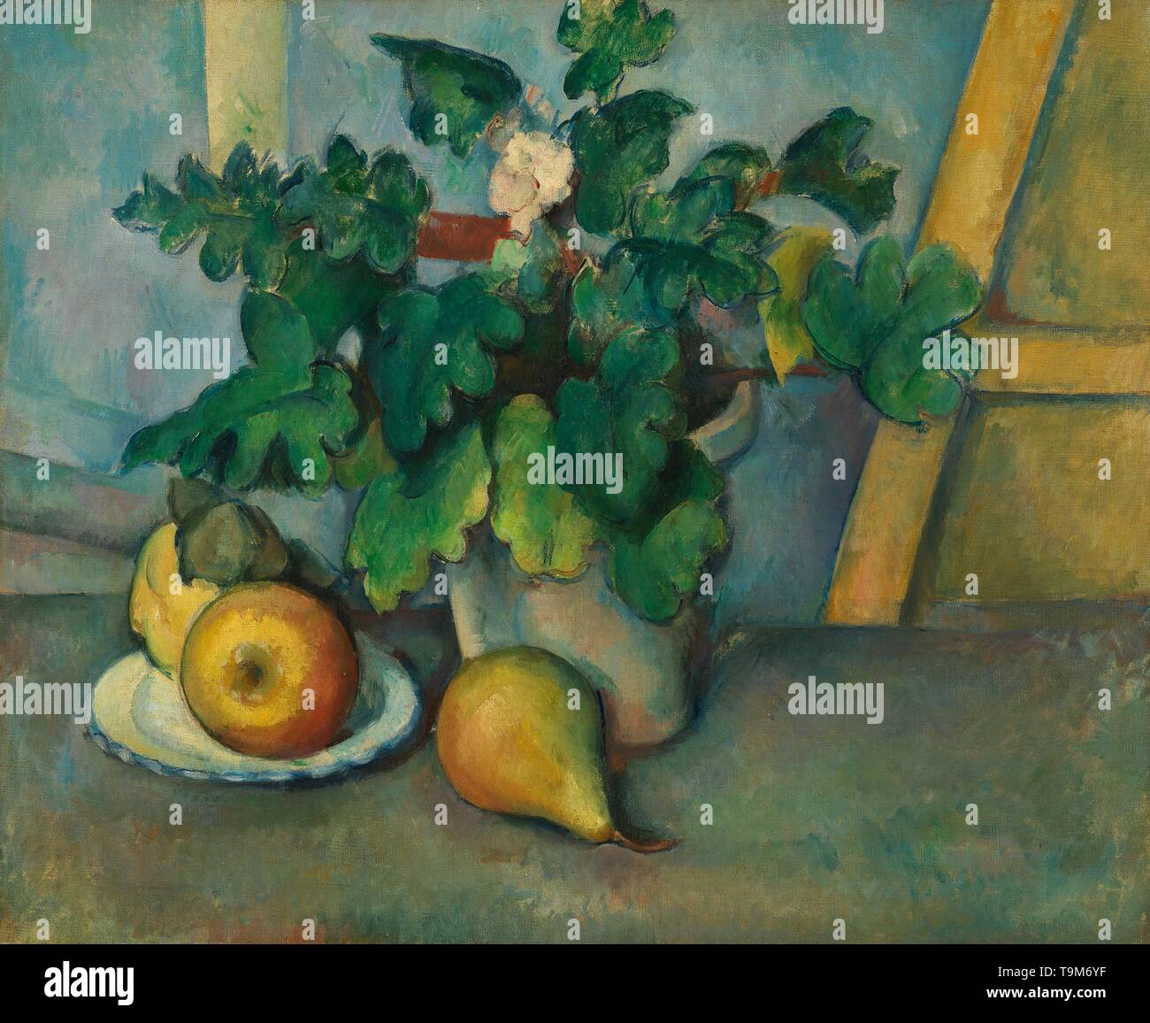 Pot de primevères et de fruits. Musée : Courtauld Institute of Art, Londres. Auteur : Paul Cézanne. Banque D'Images