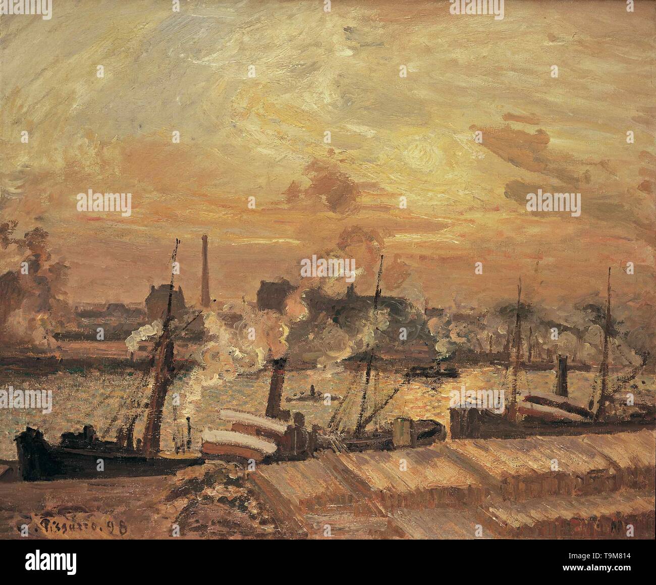 Déchargement de bois, quai de la Bourse, coucher de soleil. Musée : collection privée. Auteur : Camille Pissarro. Banque D'Images