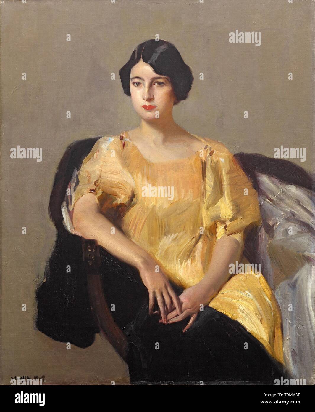 Elena dans une robe jaune. Musée : collection privée. Auteur : Joaquin Sorolla. Banque D'Images