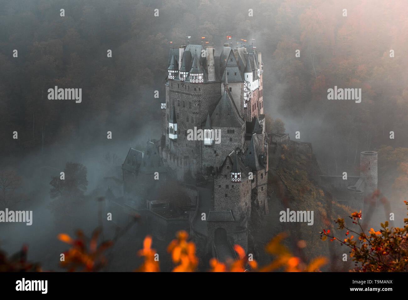 / Burg Eltz Château Eltz pendant le coucher du soleil sur un jour d'automne brumeux d'orangers et de feuilles et le brouillard roulant à travers la vallée (Wierschem, Allemagne) Banque D'Images