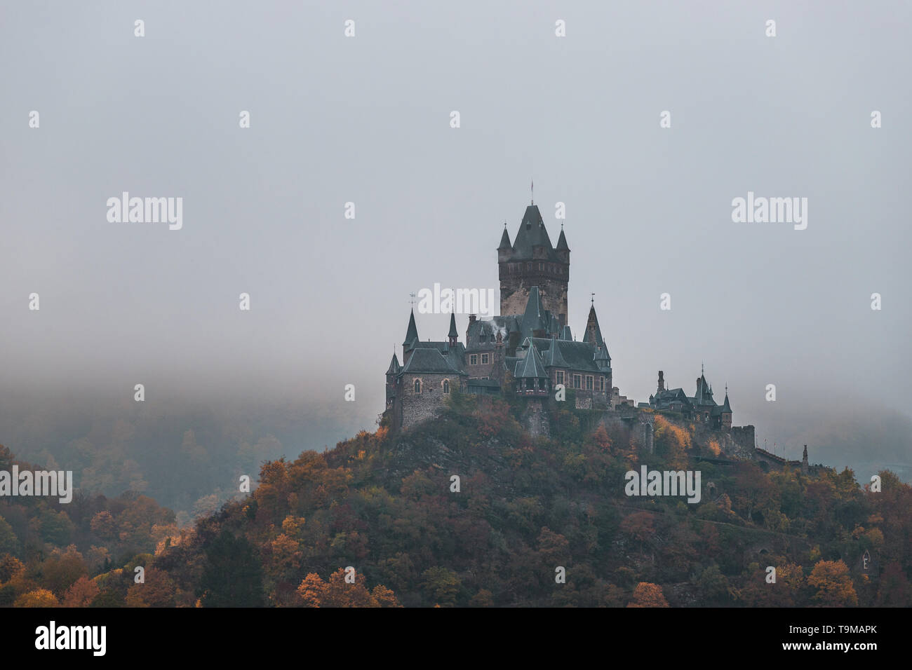 Château Reichsburg Cochem Cochem Castle / couverts dans le brouillard pendant un jour d'automne brumeux et orange avec des nuages et du brouillard à faible hauteur (Cochem, Allemagne, Europe) Banque D'Images