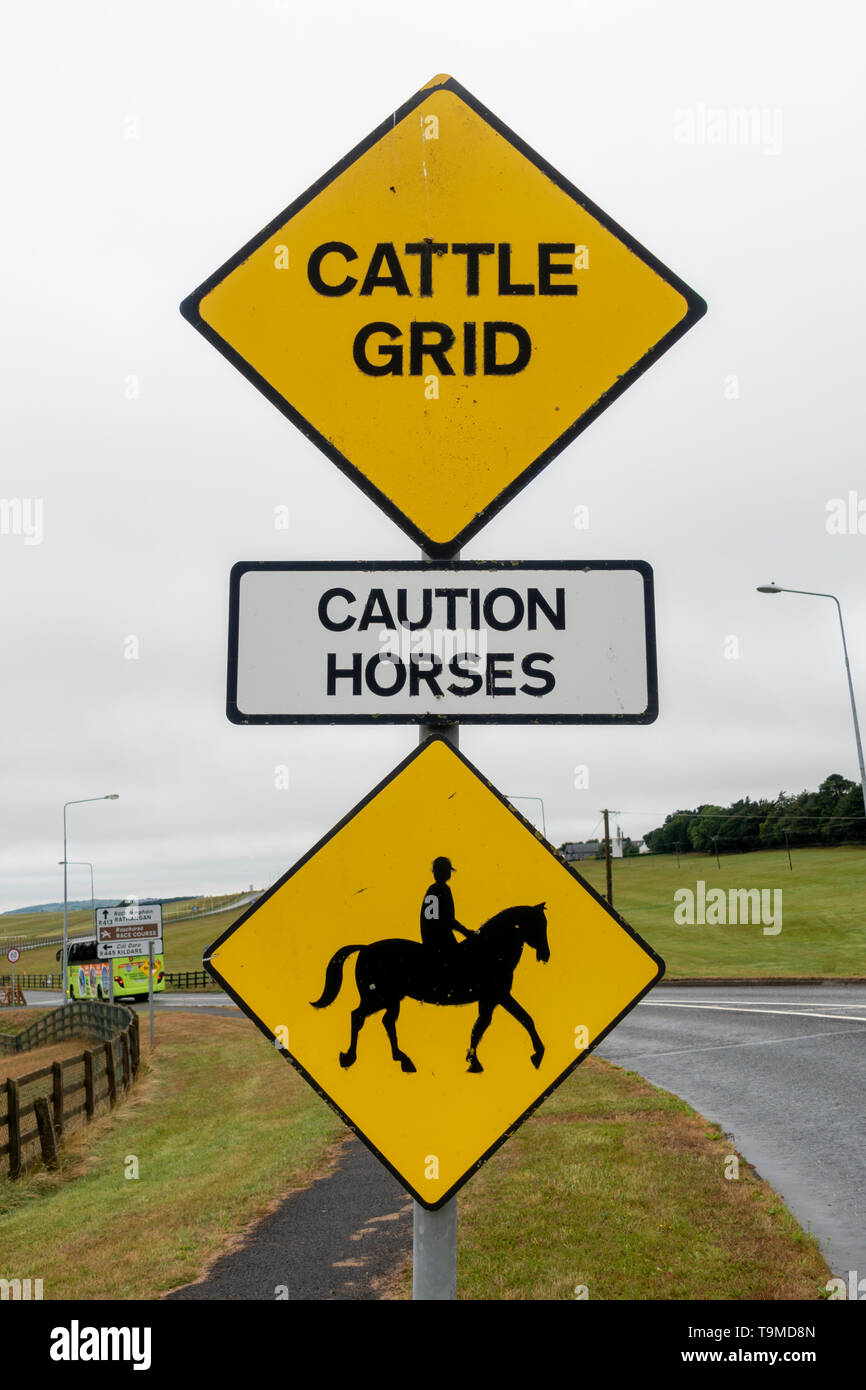 "Attention Chevaux d' côté route panneau près de l'hippodrome de Curragh Curragh, hippodrome, Newbridge, comté de Kildare, Irlande Banque D'Images