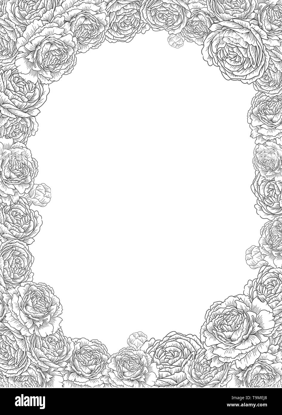 Cadre décoratif avec des fleurs, roses, pivoines. Modèle élégant et élégant pour le texte. Dessin d'illustration vectorielle Illustration de Vecteur Cadre décoratif avec des fleurs, roses, pivoines. Modèle élégant et élégant pour le texte. Dessin d'illustration vectorielle Illustration de Vecteur