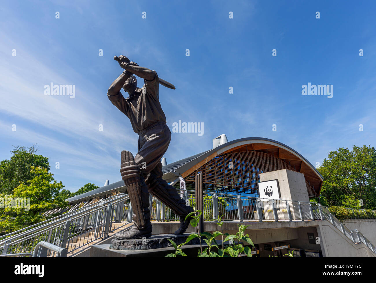 Statue de bronze de joueur de cricket Eric Bedser sur Bedser Bridge, une passerelle sur la Basingstoke Canal reliant la WWF-UK L'administration centrale pour le centre-ville Banque D'Images