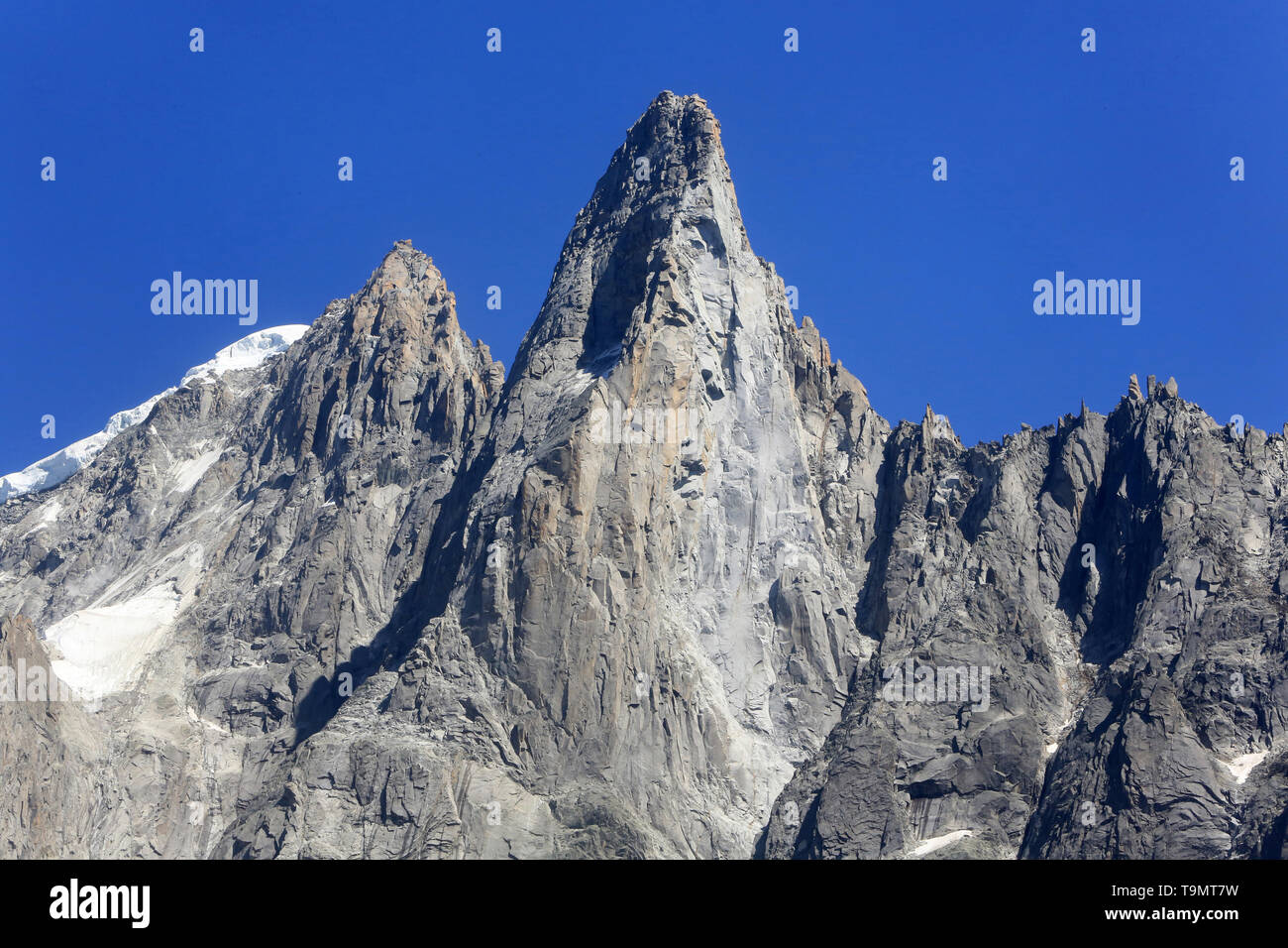 Les Drus (3754 m). Le Petit Dru (3,730 m) et le grand Dru (3,754 m). Glacier du Nant Blanc. Rogon des Drus. Glacier des Drus. Aiguille Verte. Haute-Sa Banque D'Images