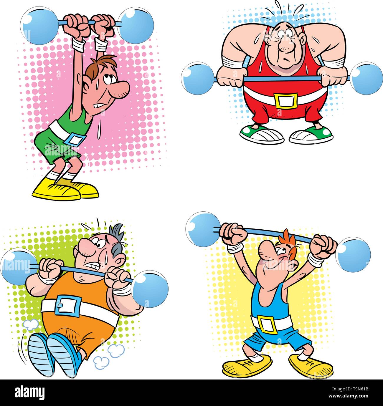 Vector illustration de quelques athlètes d'haltère long diversifié, fait isolé dans un style cartoon, humour. Illustration de Vecteur