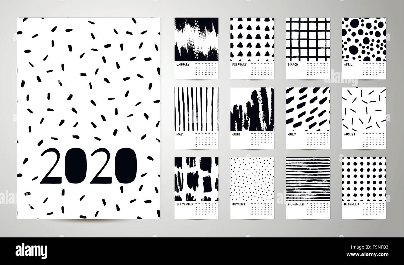 Calendrier 2020 English Abstract Vector Hand dessiner en noir et blanc. Ensemble de 12 mois, de la semaine commence le dimanche. Le minimalisme monochrome style. Calendrier affiche fl Illustration de Vecteur