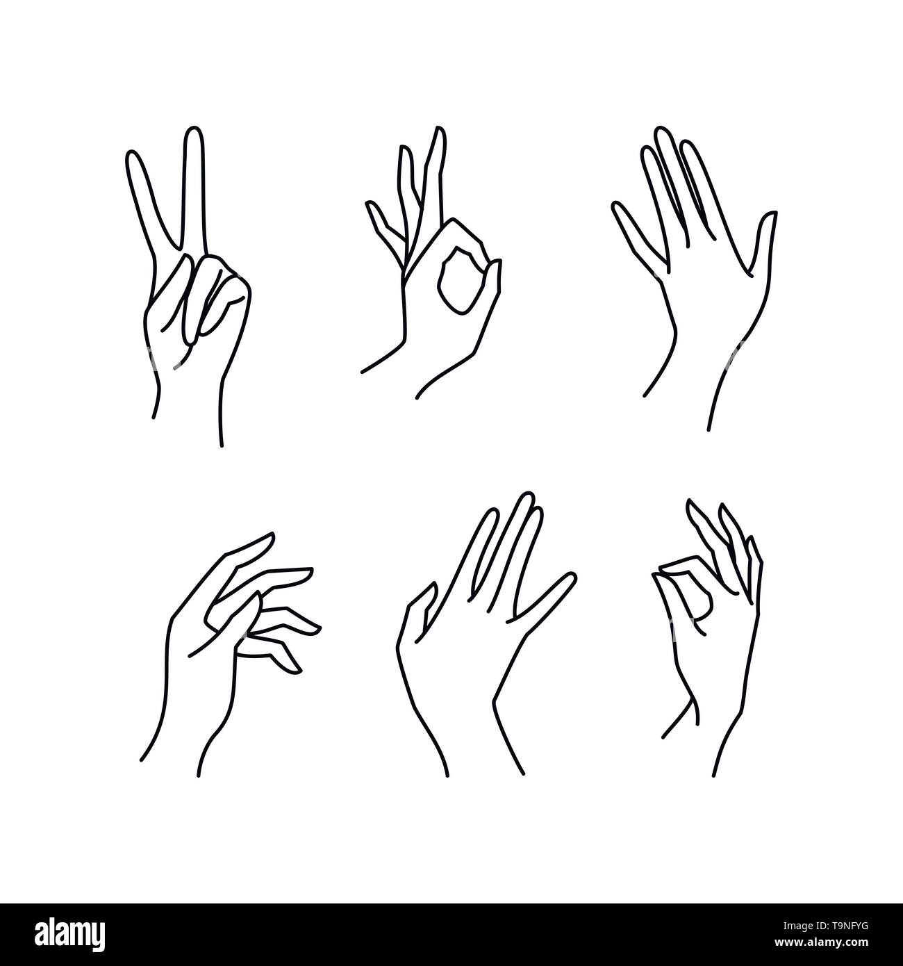 Woman's hand collection ligne. Vector Illustration de femmes de différents gestes - La victoire, d'accord. Lineart dans un quartier branché de style minimaliste. Illustration de Vecteur