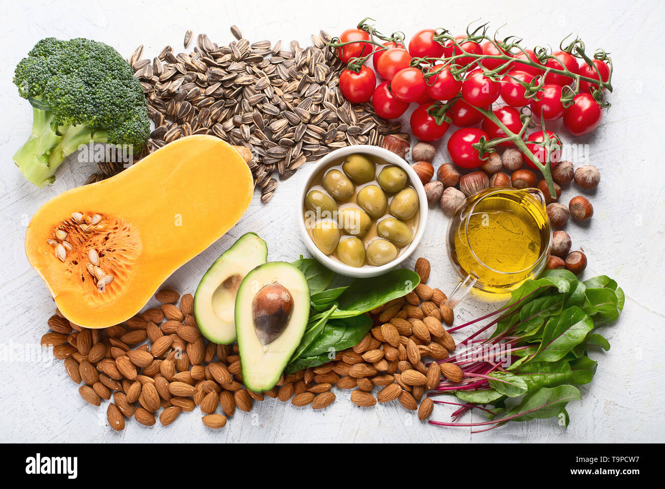 Les aliments riches en vitamine E. régime sain de manger haut conceptю vue,  télévision lay Photo Stock - Alamy