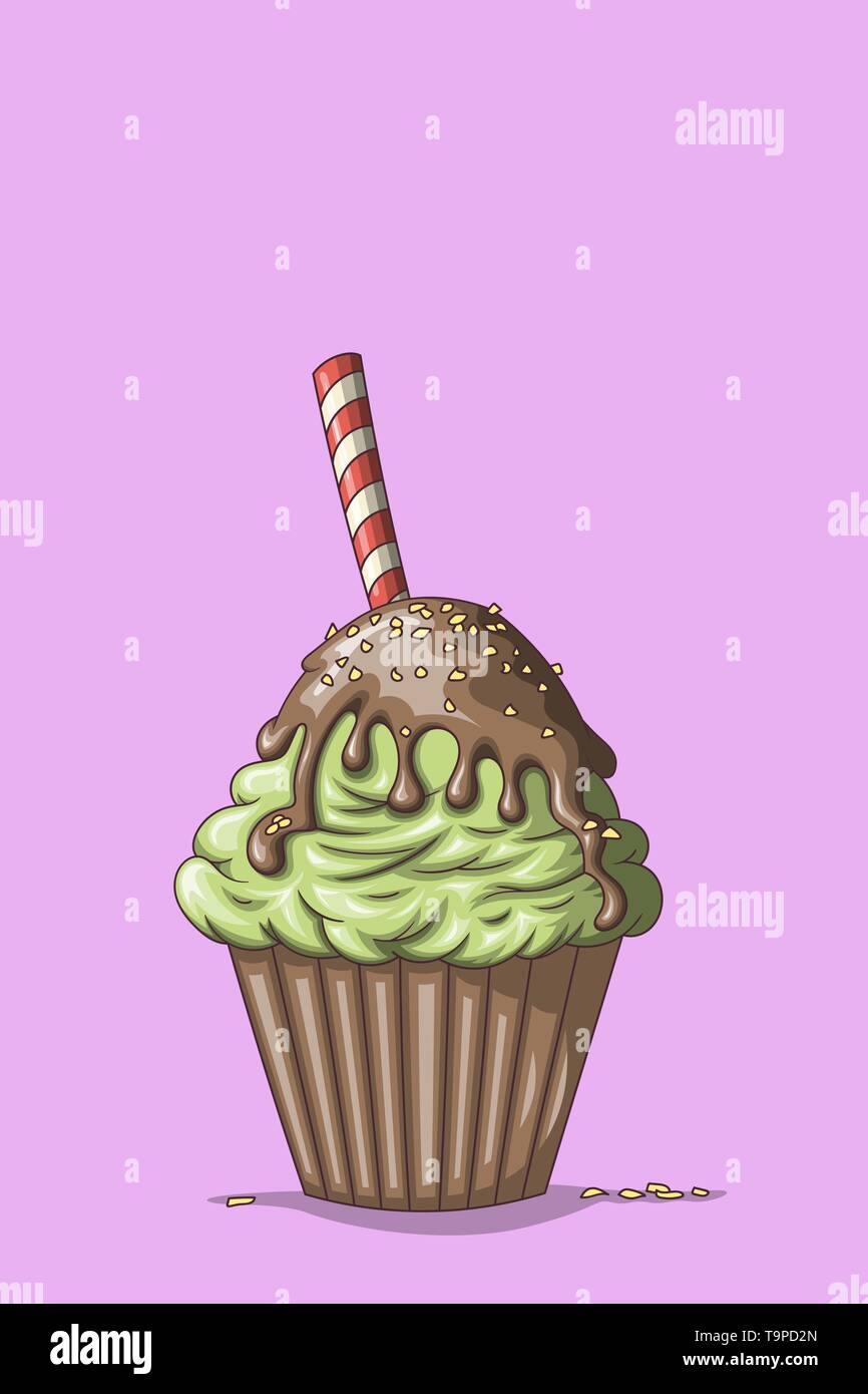 Cupcake avec des bonbons et chocolat. Hand drawn vector illustration. Illustration de Vecteur