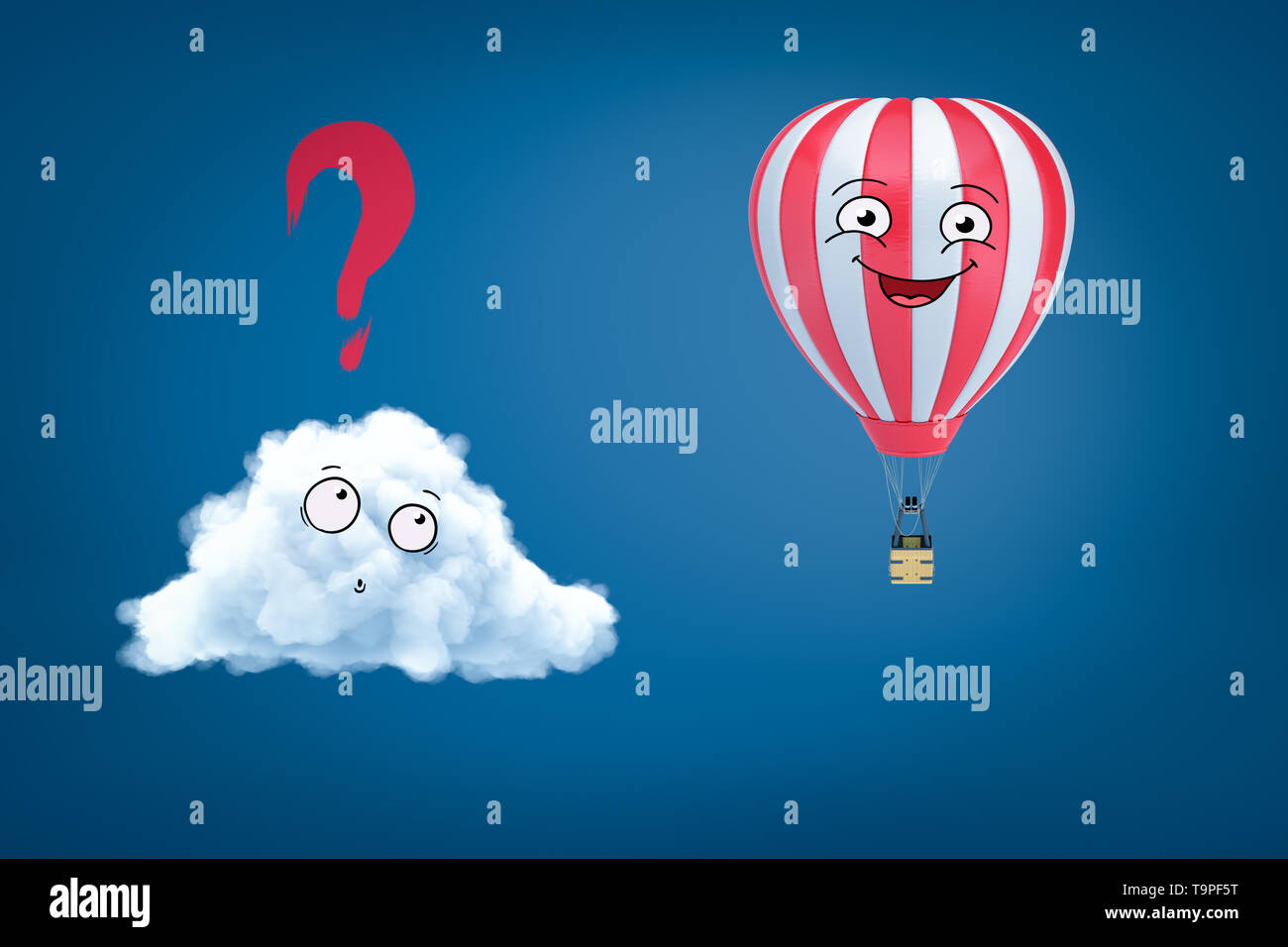 Le rendu 3D de cartoon blanc smiley nuage avec point d'interrogation ci-dessus et heureux caricature smiley hot air balloon sur fond bleu Banque D'Images