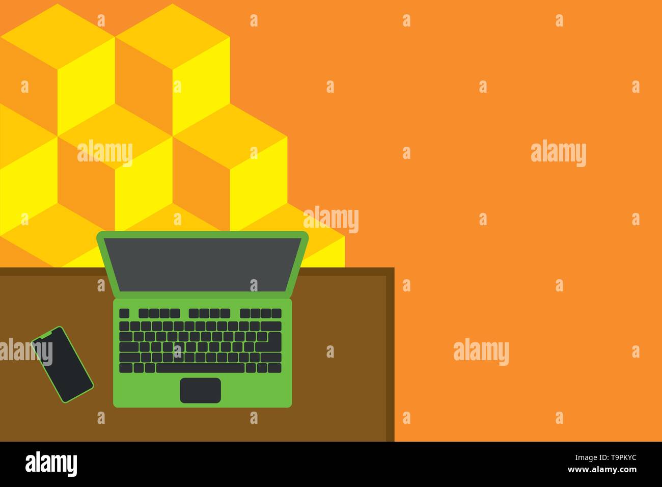 Vue supérieure de la place de travail de bureau Ordinateur portable bureau en bois se trouvant côté smartphone Business template vide pour la mise en page pour carte de voeux invitation pos promotion Illustration de Vecteur