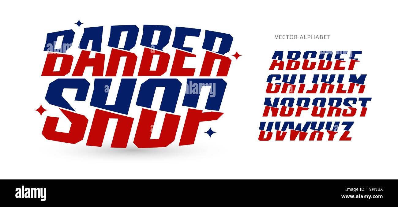 Coiffure lettres ensemble. Couleur bleu et rouge style italique vector alphabet latin. Coupés en deux Font pour salon de tatouage, un barbier, usa independence event Illustration de Vecteur
