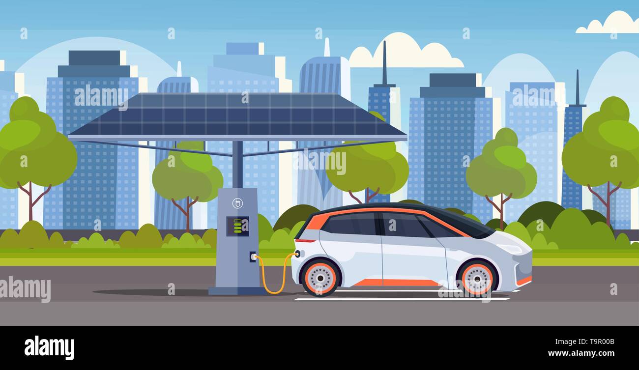 L'énergie électrique à la station de recharge pour voitures d'autopartage véhicule écologique moderne concept cityscape background plate horizontale Illustration de Vecteur