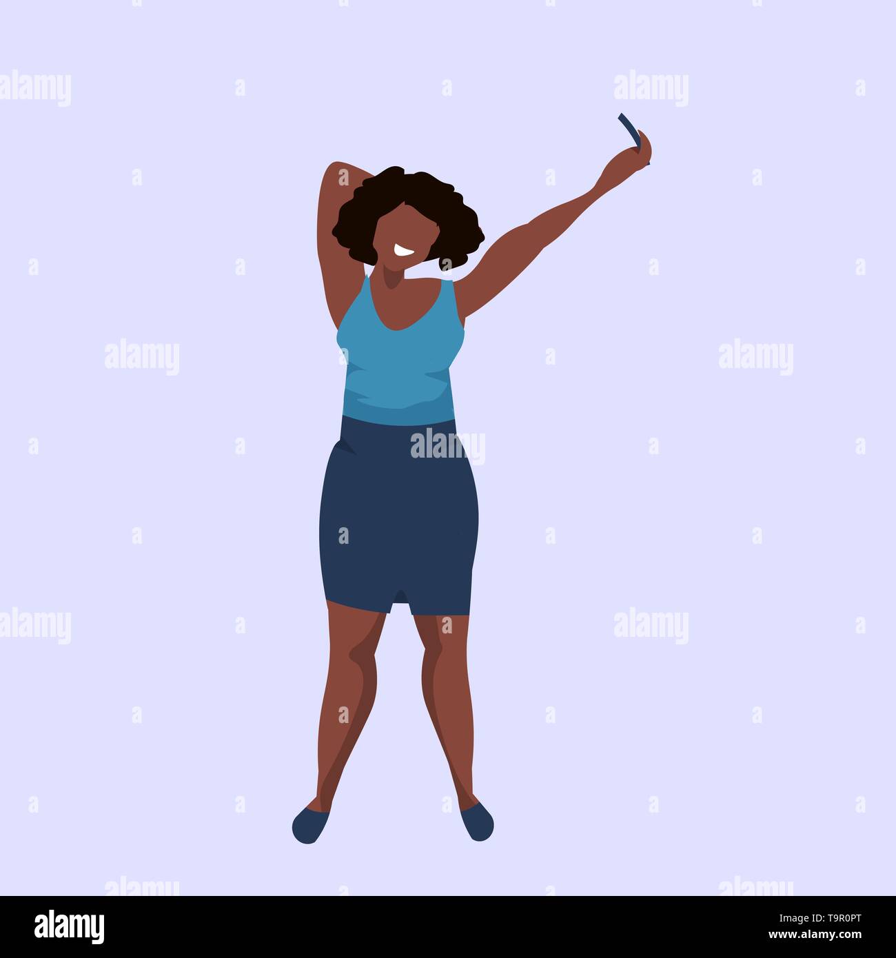 Grosse femme en tenant l'appareil photo de votre smartphone sur photo selfies obésité african american female personnage posant télévision vector illustration pleine longueur Illustration de Vecteur