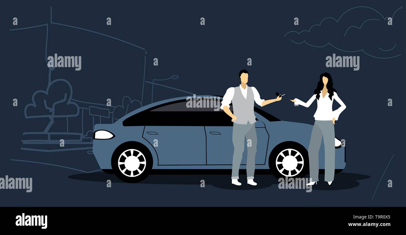 Man giving woman clés de service de transport en commun voiture concept ville moderne street cityscape background horizontale croquis Illustration de Vecteur
