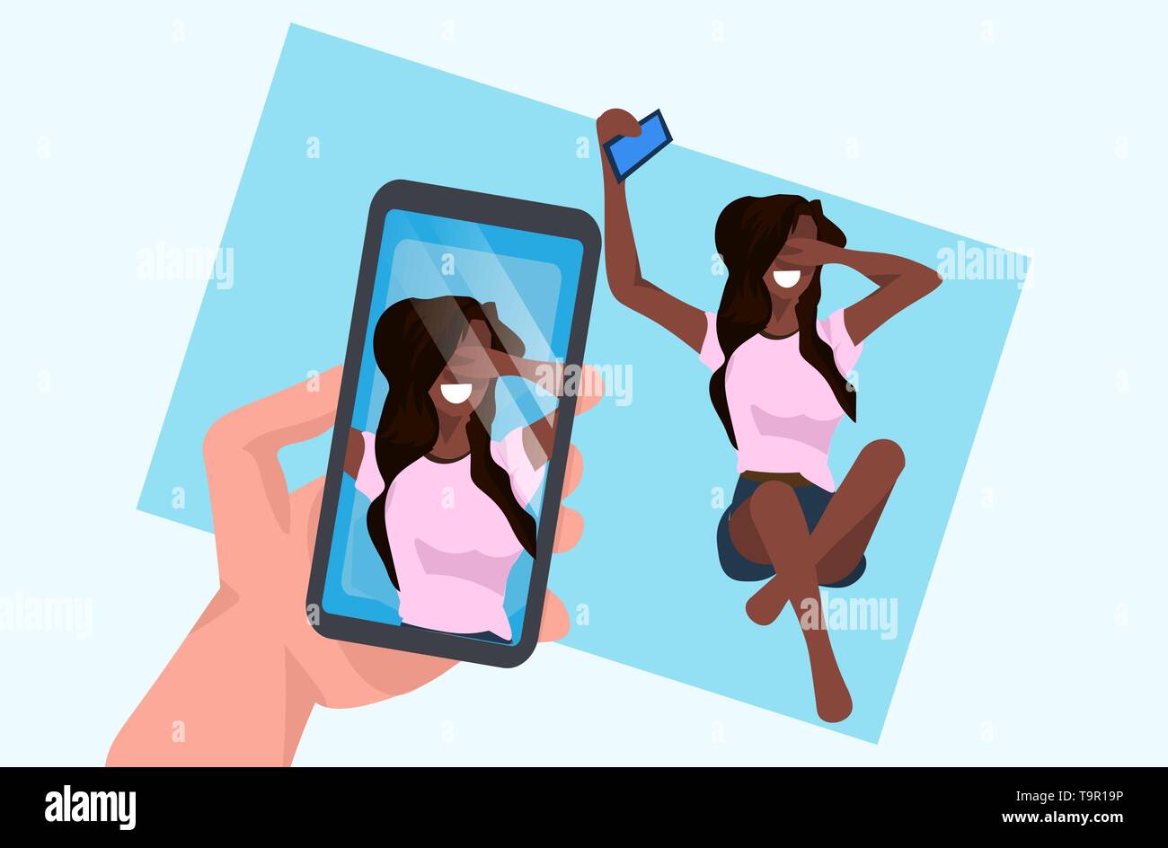 Femme en tenant l'appareil photo de votre smartphone sur selfies hand holding portable avec photo sur écran african american female personnage posant télévision pleine Illustration de Vecteur