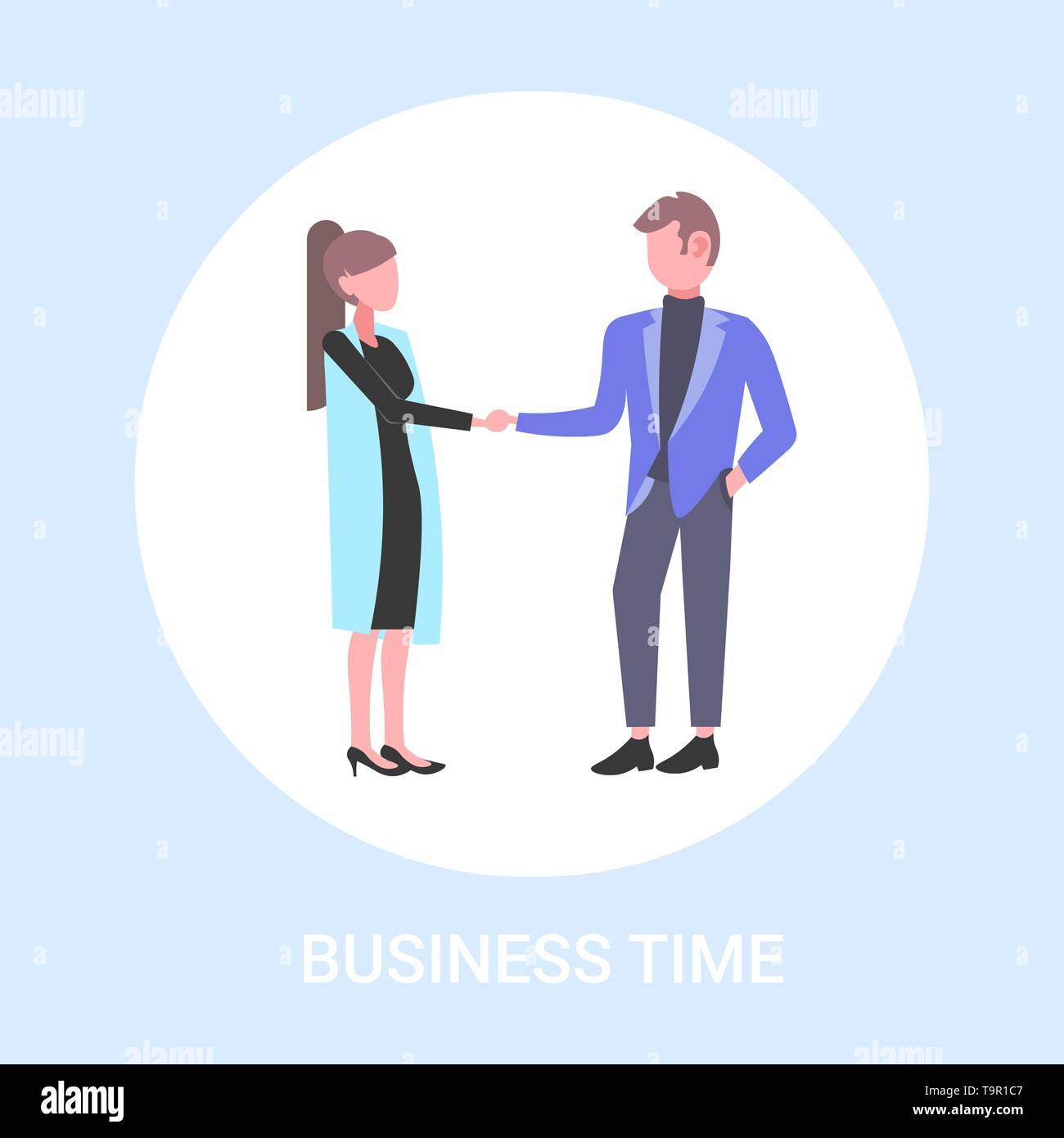 Young couple shaking hands homme femme business handshake partenariat accord télévision concept vector illustration pleine longueur Illustration de Vecteur