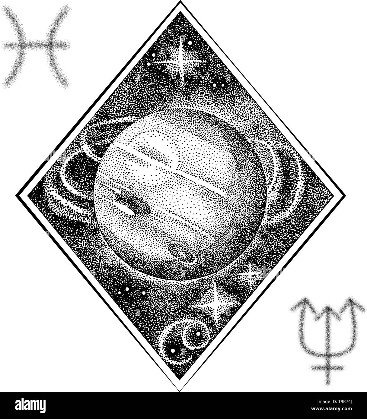 Neptune. Dans l'illustration à la main style dotwork avec des symboles astrologiques de la planète et en poissons signe de zodiaque. Concept de l'espace, l'astrologie, l'astronomie Illustration de Vecteur