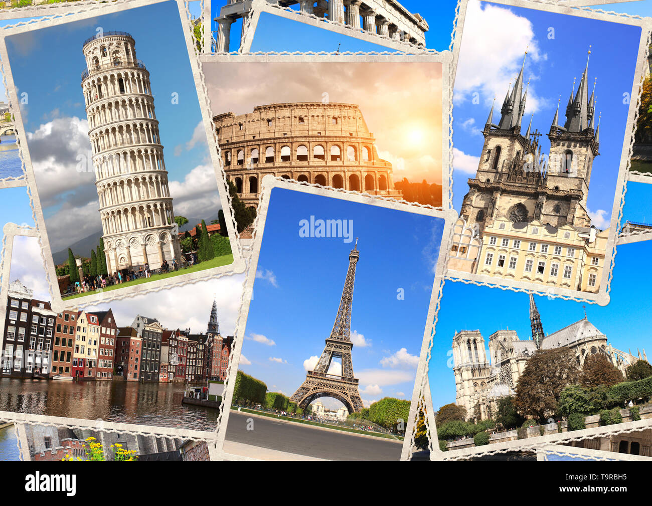 Arriere Plan De Voyage Vintage Retro Avec Photos De Monuments Europeens La Tour Eiffel A Paris Tour De Pise Le Colisee A Rome Vieilles Maisons A Amst Photo Stock Alamy