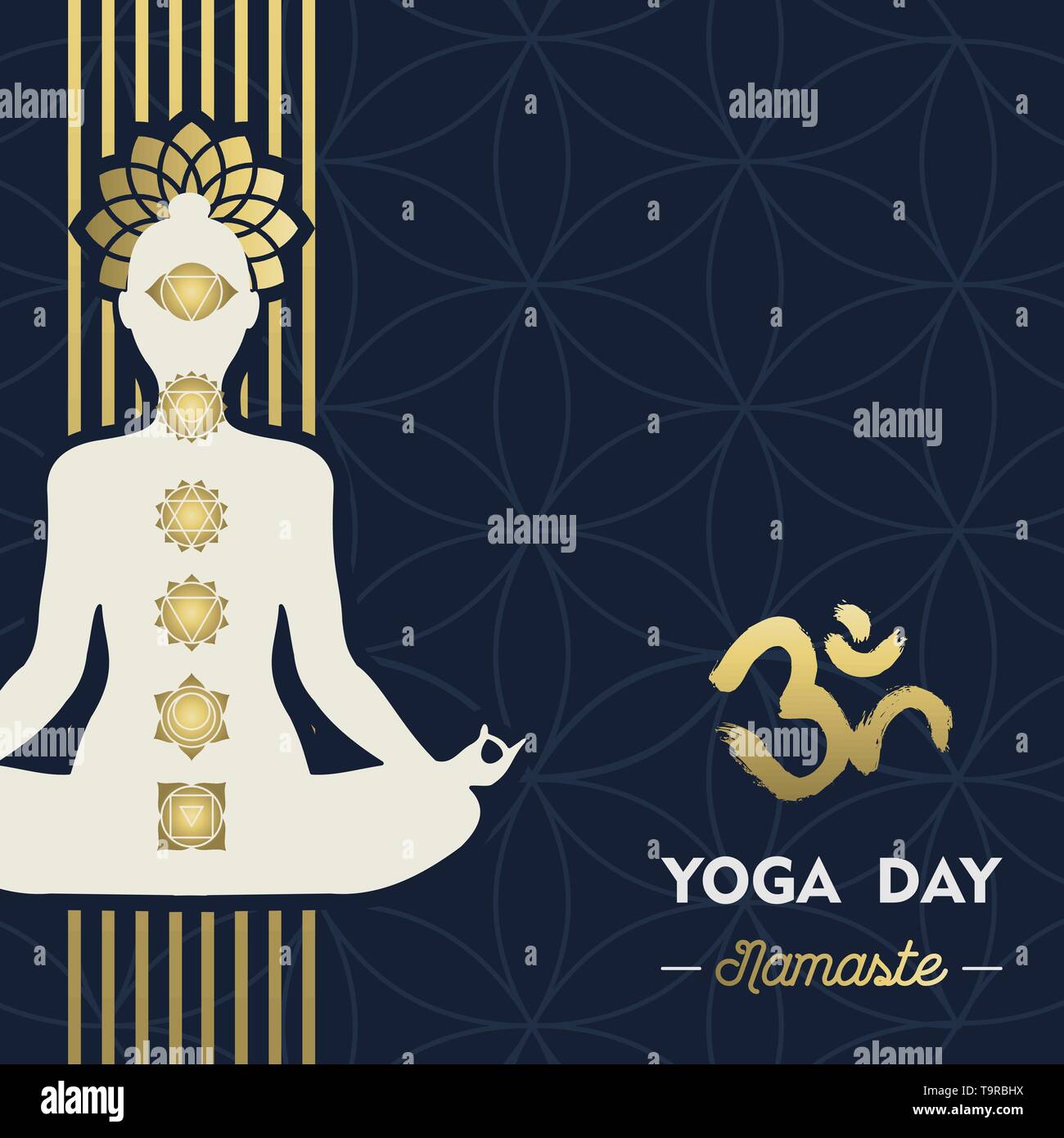 Carte de souhaits Jour Yoga illustration de silhouette de femme en or posent avec lotus flower et chakra d'icônes. Illustration de Vecteur