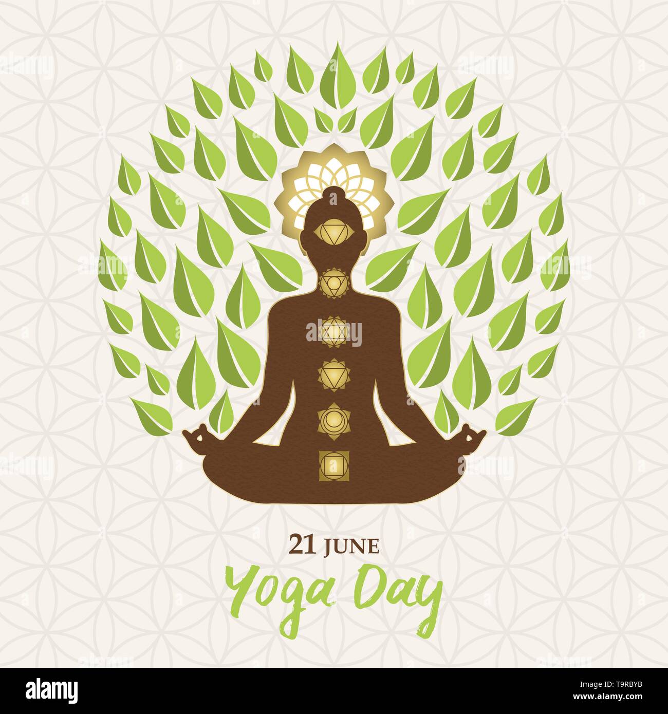 Yoga International Day Greeting card illustration de lotus poser silhouette, icônes et chakra de feuilles d'arbres pour la nature concept de connexion. Illustration de Vecteur