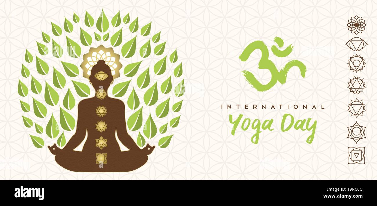 Journée internationale de l'illustration de la bannière Yoga lotus poser silhouette, icônes et chakra de feuilles d'arbres pour la nature concept de connexion. Illustration de Vecteur