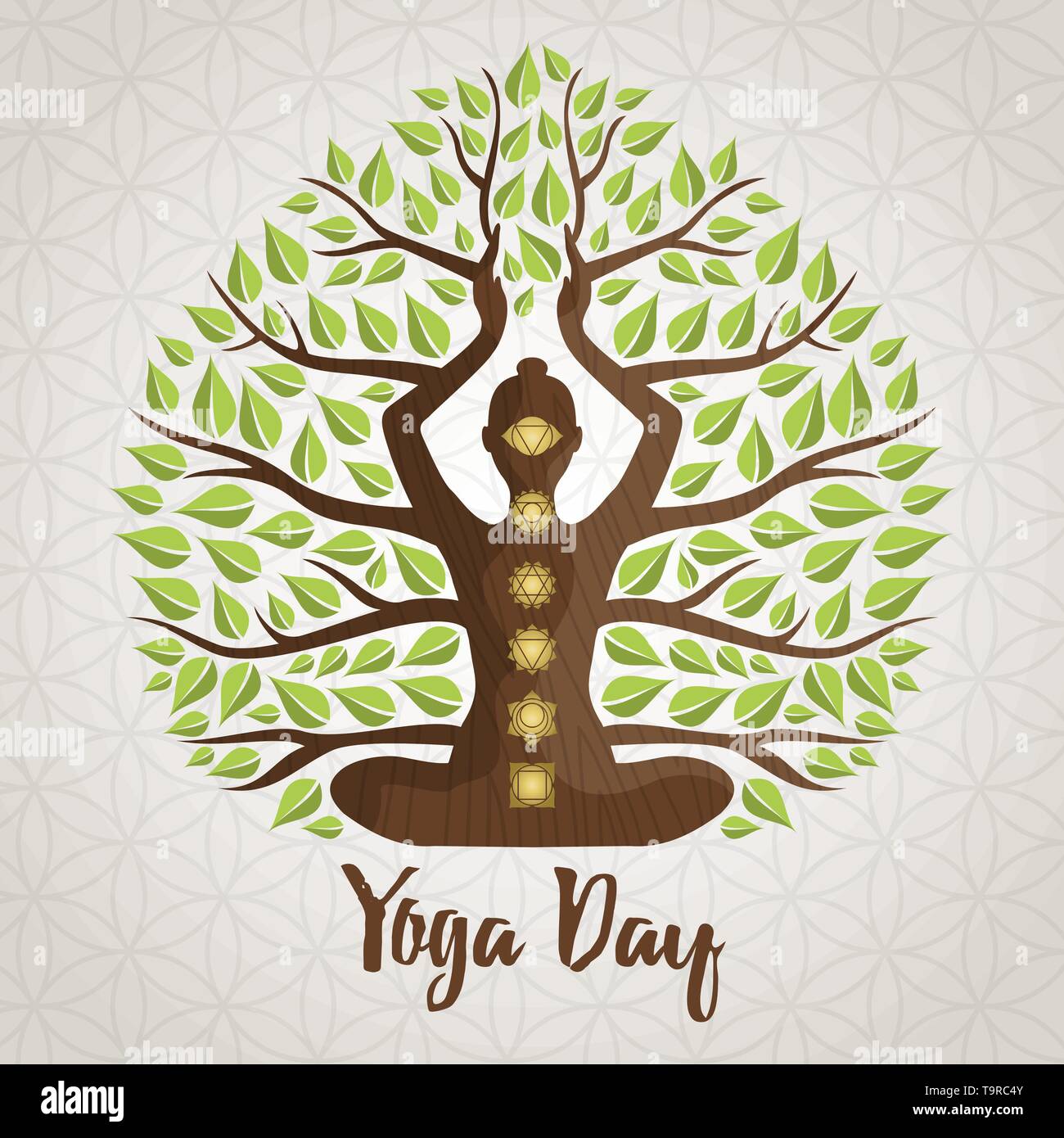 Yoga International Day Greeting card illustration de chakra, silhouette de femme d'icônes et de feuilles d'arbres pour la nature concept de connexion. Illustration de Vecteur