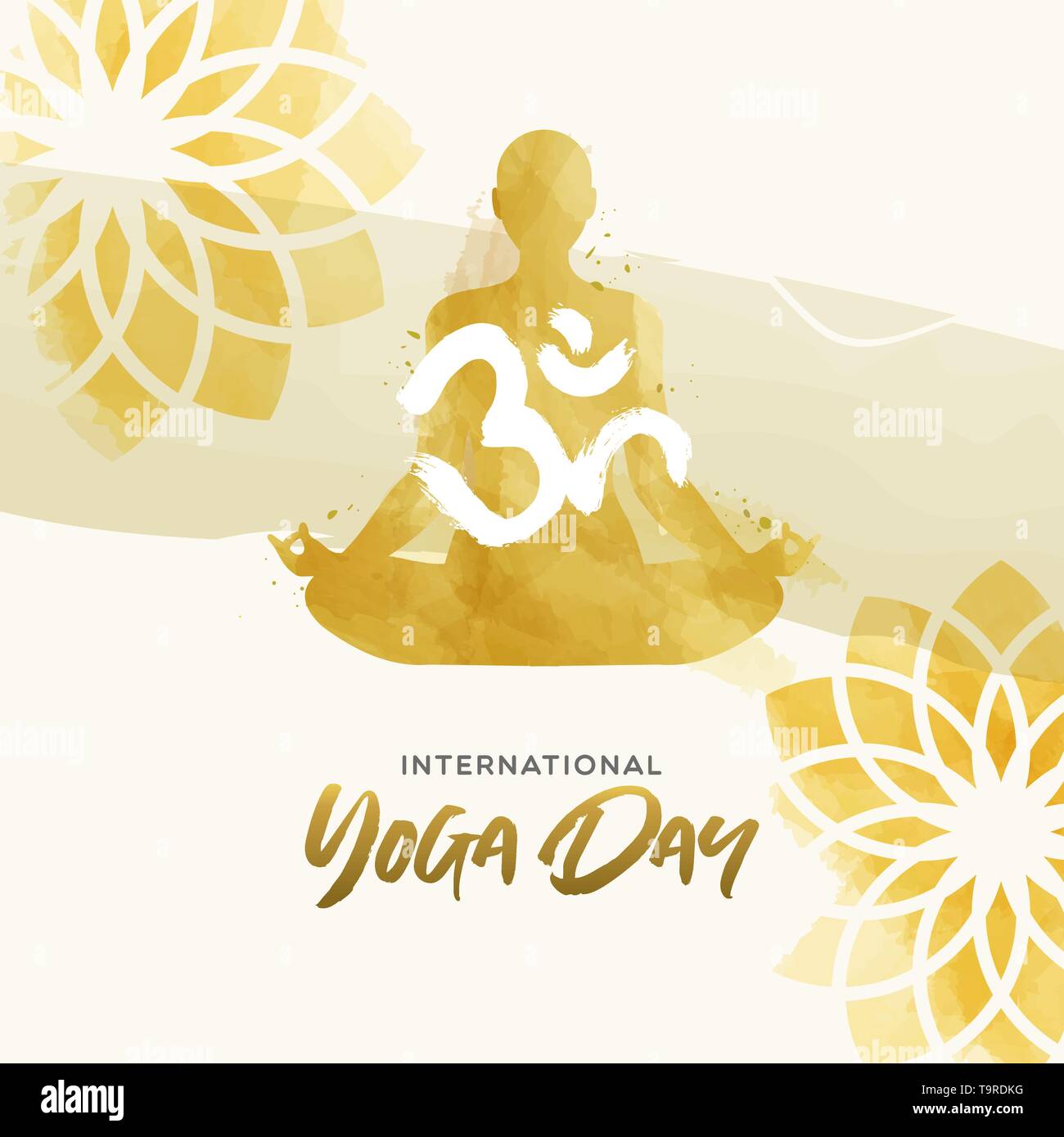 Yoga International Day Greeting card illustration. Aquarelle art de la femme et de l'exercice pose lotus floral background. Illustration de Vecteur