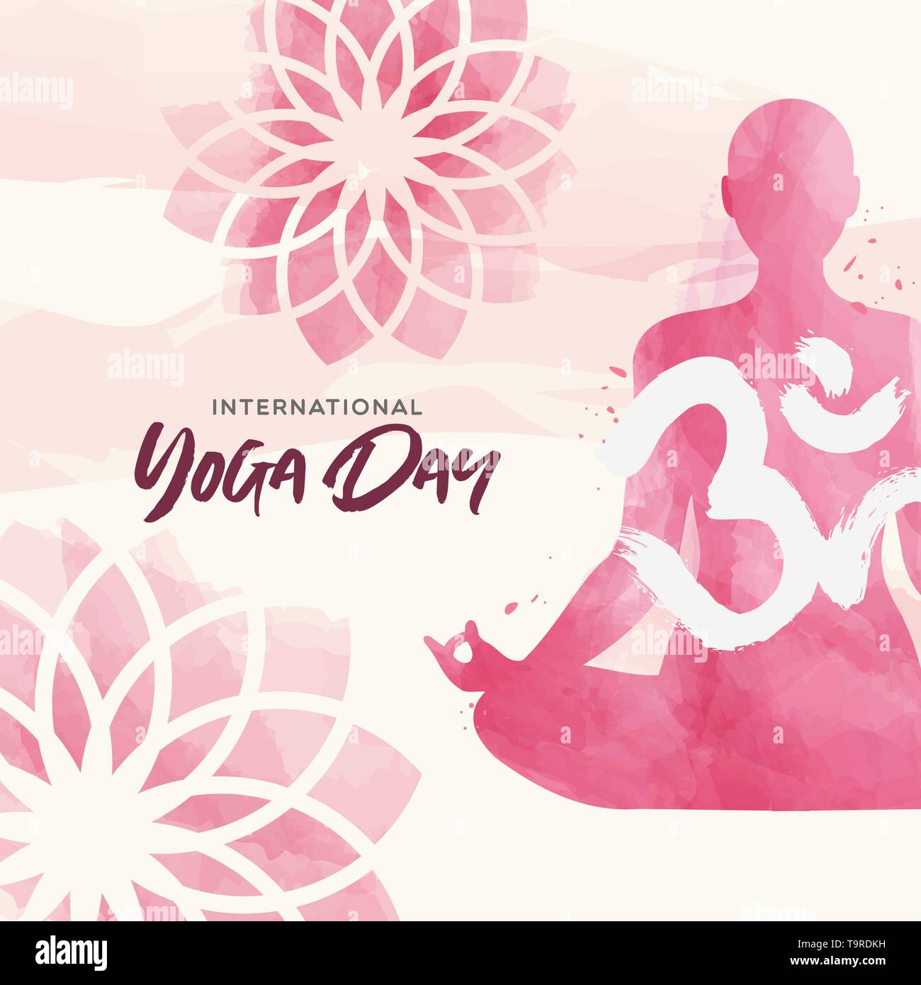 Yoga International Day Greeting card illustration. L'aquarelle rose de lotus représentent l'exercice et floral background. Illustration de Vecteur
