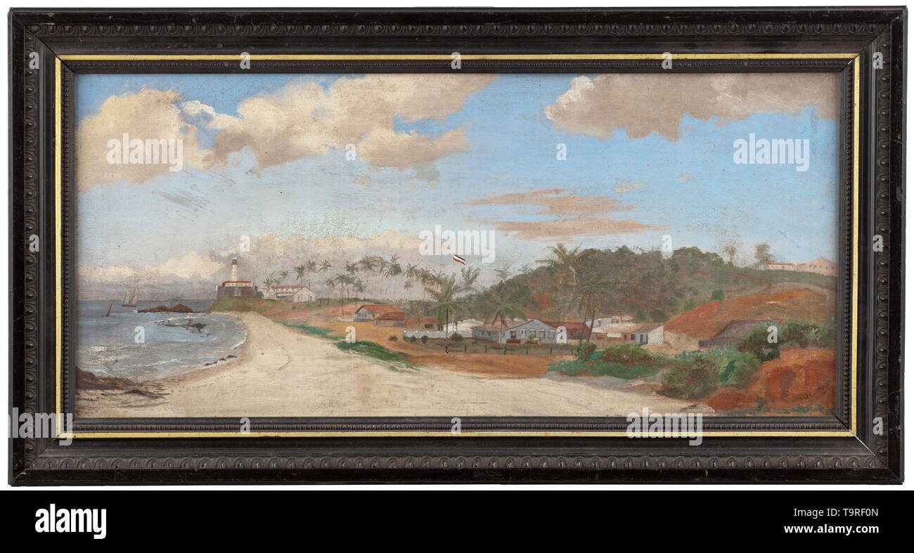 Colonie allemande, vers 1900 huile sur carton du peintre, signée et datée 'v' E 1899 (vraisemblablement Themistokles von Eckenbrecher, 1842 - 1921) en bas à droite. L'inscription d'une colonie de peuplement par la mer, probablement l'Afrique orientale allemande, le drapeau national dans le centre. Dans un cadre profil finement décoré en relief (légèrement endommagé). Dimensions de la peinture 22,5 x 47,5 cm, dimensions du cadre 29 x 54 cm. Très rare. motif historique historique, de terre, de la marine, des forces navales, militaires, militaria, branche de service, les directions générales de service, les forces armées, le service armé, Additional-Rights Clearance-Info,--Not-Available Banque D'Images