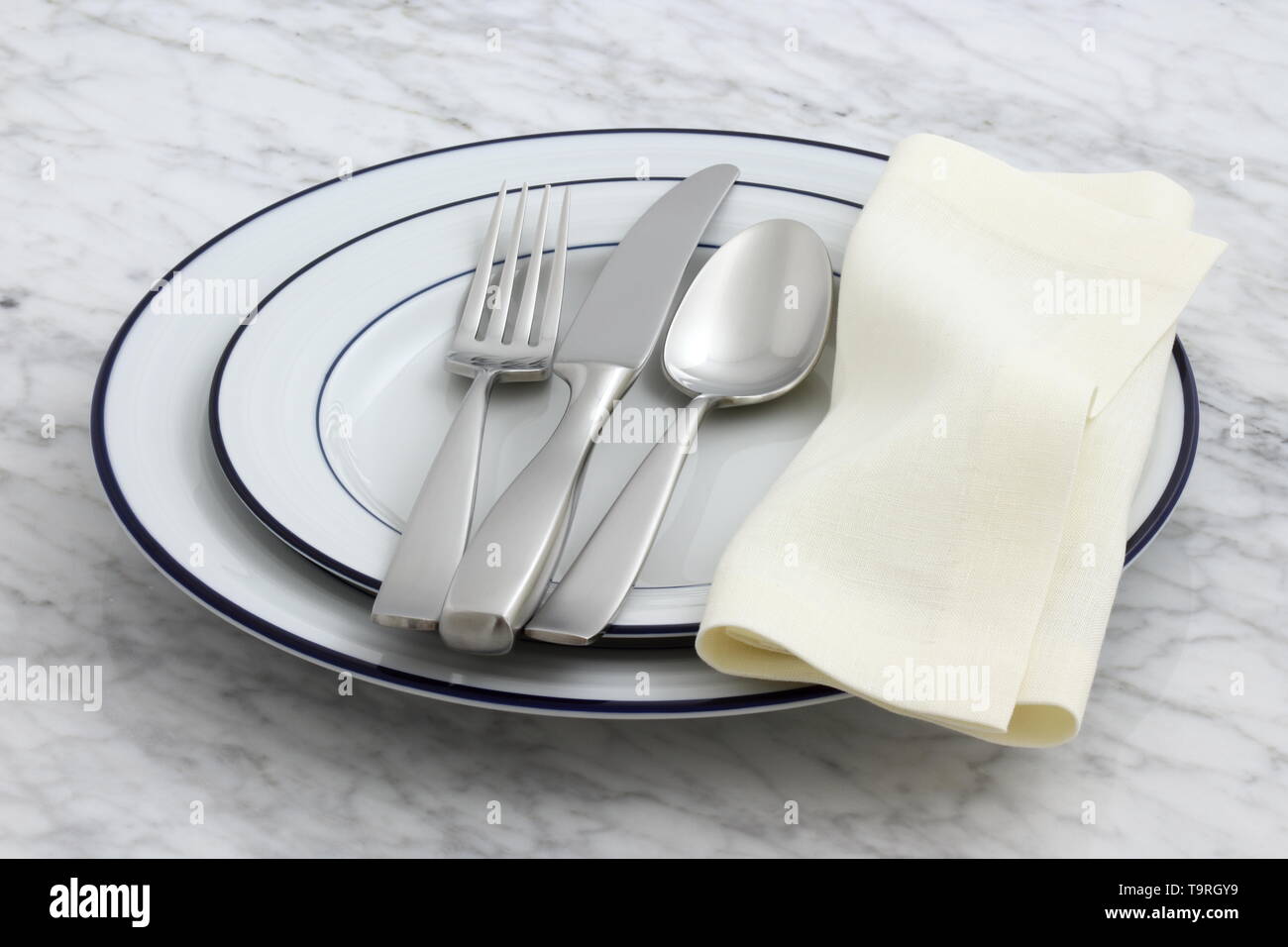 Vaisselle en porcelaine blanche avec classique bleu en bordure d'un produit de base dans les brasseries et bistrots parisiens Banque D'Images