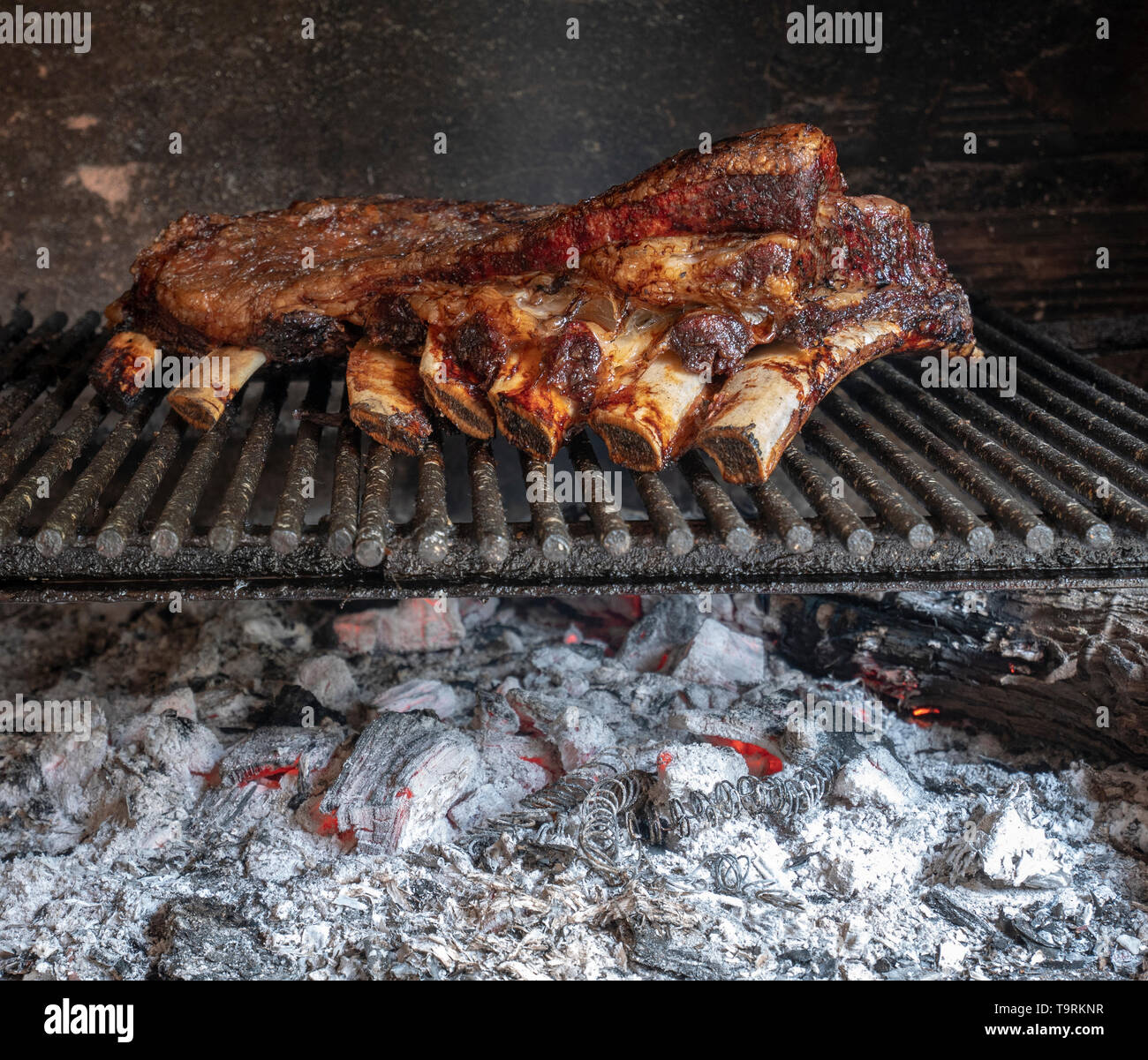 Rôti, viande avec une nervure Argentin typique cuit sur le gril pendant plusieurs heures sur un feu direct avec le charbon de bois et bois de chauffage. Banque D'Images