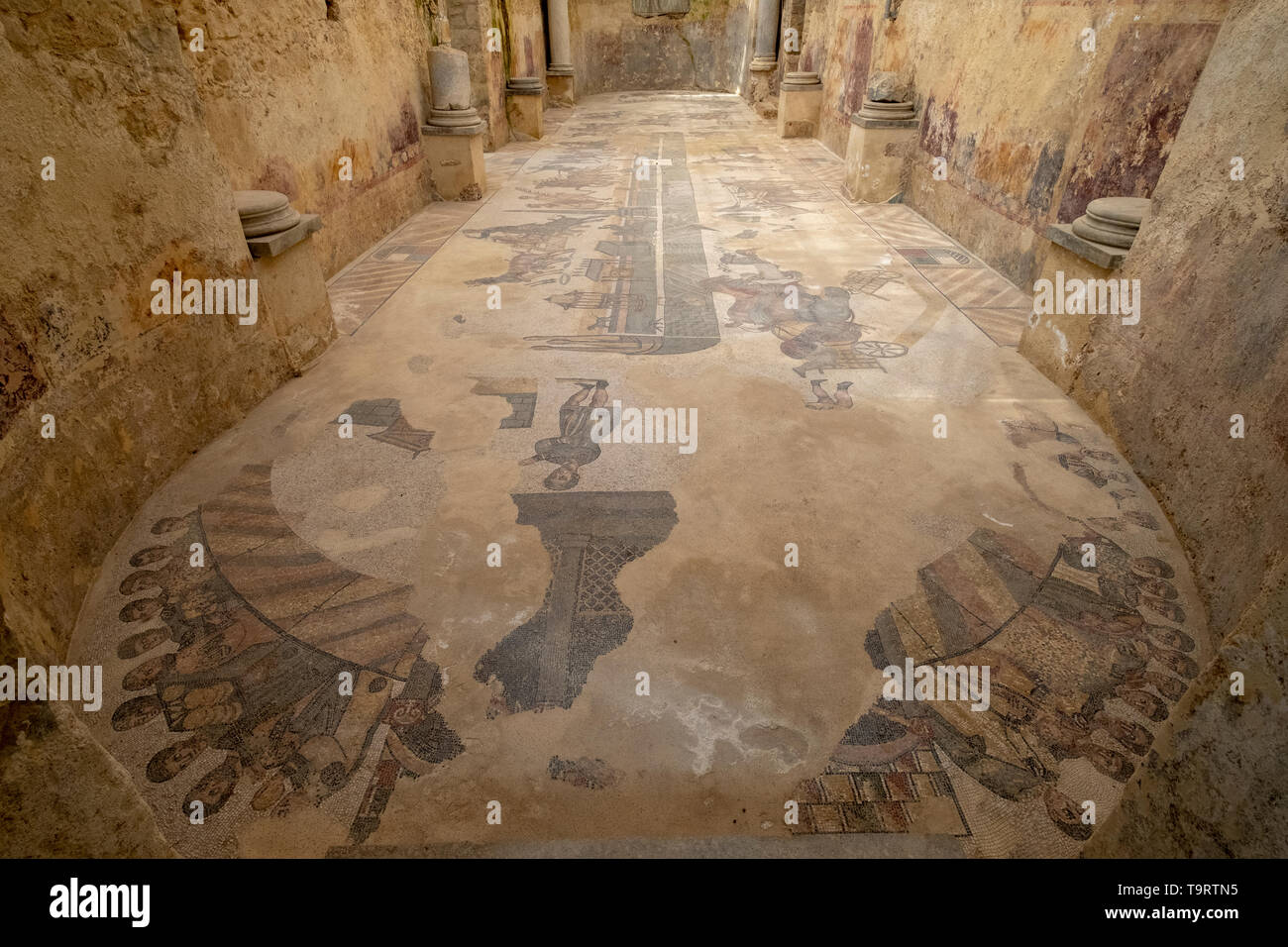 Mosaïque romaine dans la Villa Romana del Casale, Piazza Armerina, Sicile, Italie. Banque D'Images