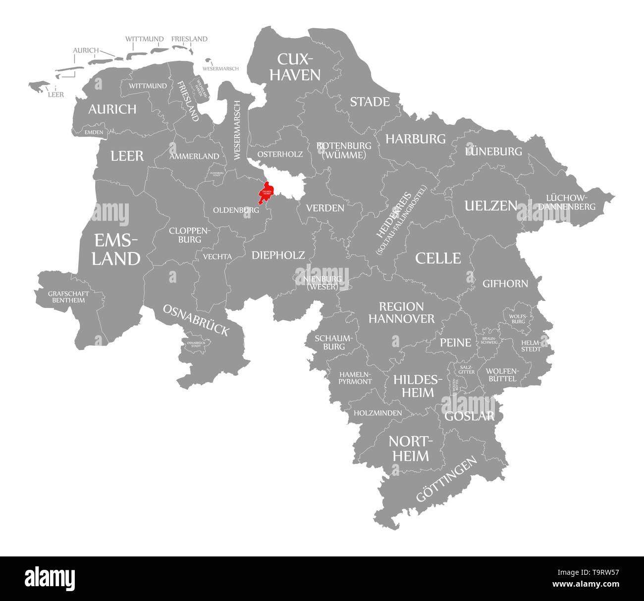Delmenhorst rouge en évidence dans la carte du comté de Basse-Saxe, Allemagne Banque D'Images