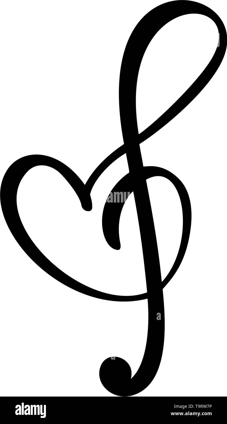 Hand drawn aime la musique Logo vector clé de sol et le coeur. Isolé sur le fond blanc Illustration de Vecteur