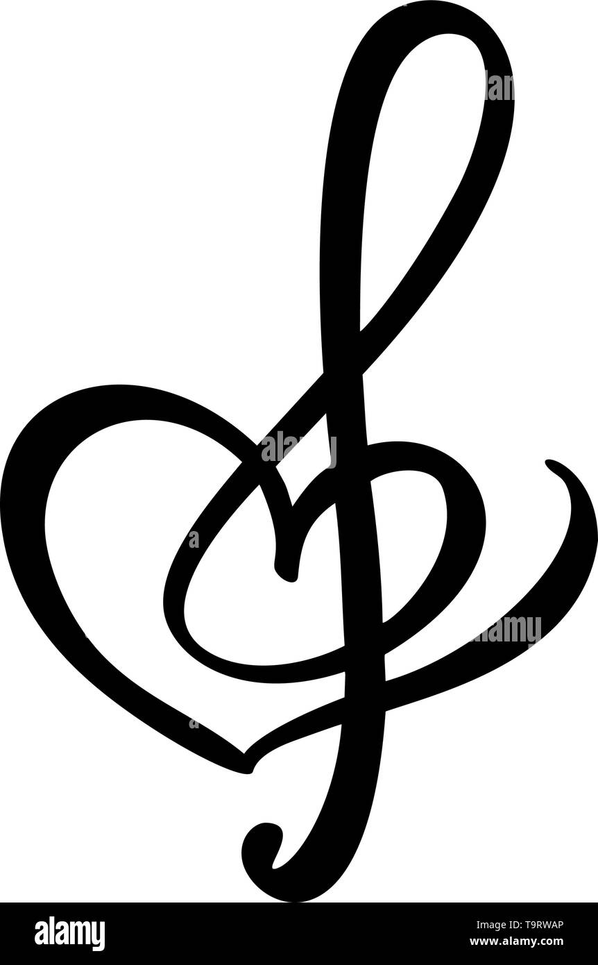 Hand drawn aime la musique Logo vector clé de sol et le coeur. Isolé sur le fond blanc Illustration de Vecteur