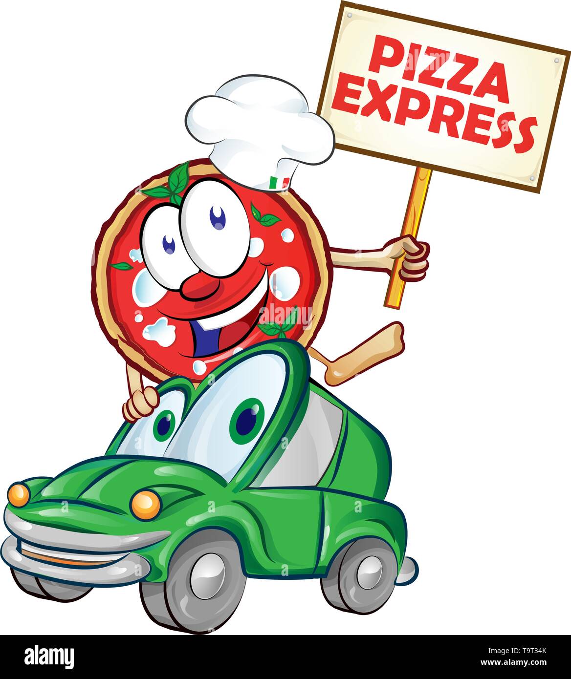 Voiture de livraison pizza express cartoon avec pancarte Illustration de Vecteur