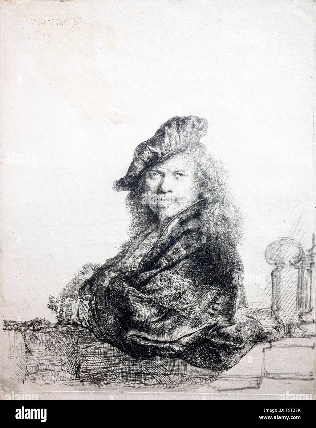 Rembrandt van Rijn (1606 -1669) s'appuyant sur un autoportrait de bas en pierre, gravure 1639 touché de craie noire Banque D'Images