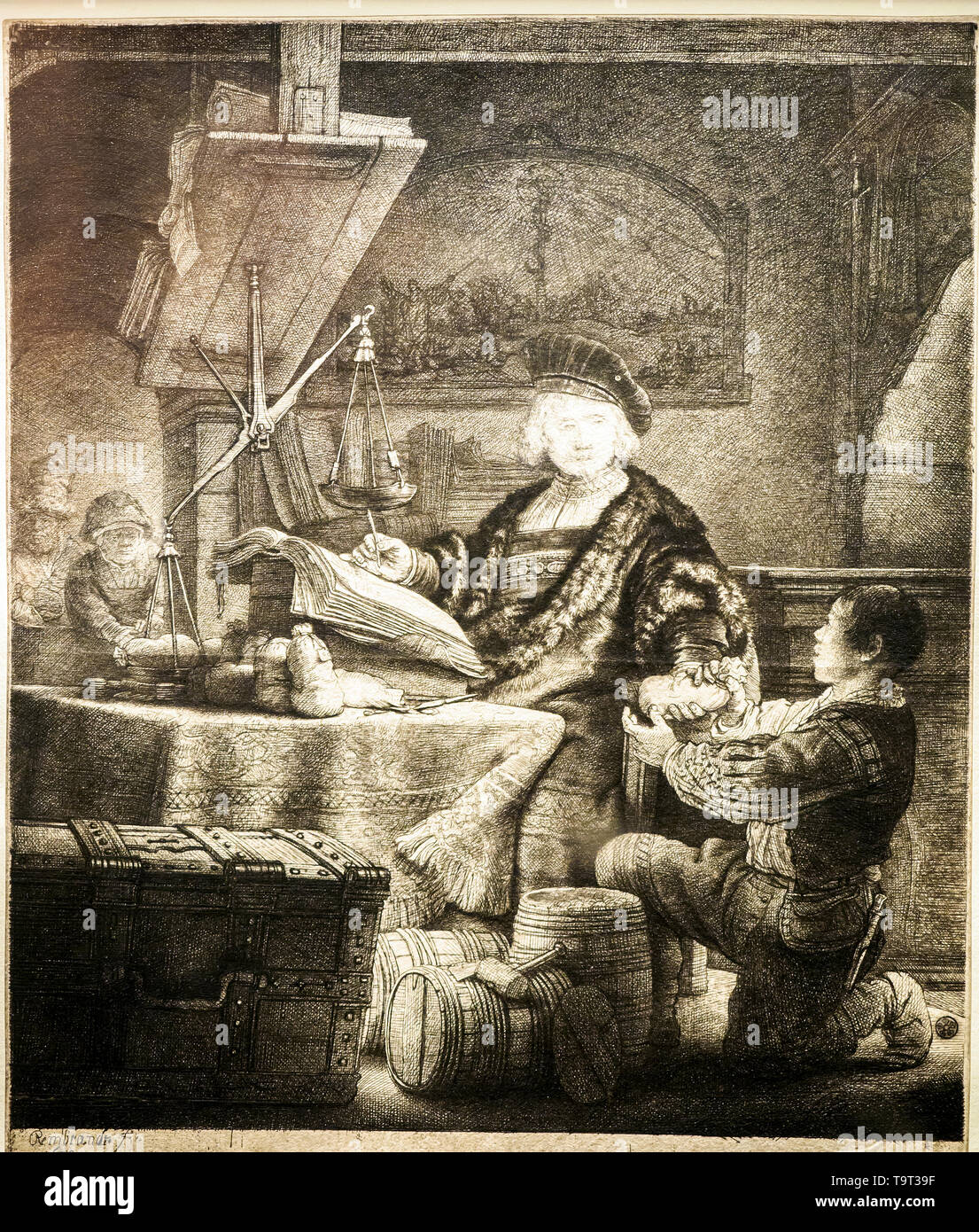 Rembrandt van Rijn (1606 -1669) Jan Uytenbogaert (le Goldweigher), 1639 pointe sèche touché de craie noire Banque D'Images