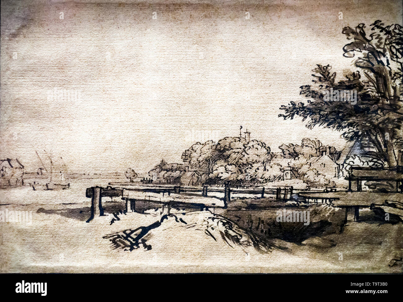 Rembrandt van Rijn (1606 -1669) Le virage sur l'Amstel à Kostverloren House, vers 1650 crayon et encre brune Reed et laver, touche de blanc sur papier préparé brun Banque D'Images