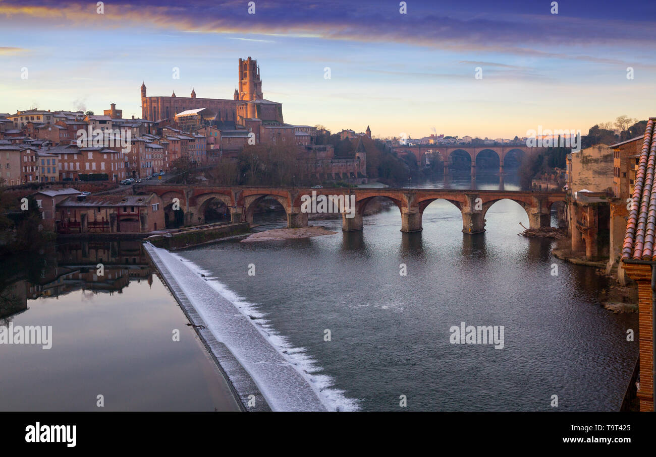 Vue sur le Pont Vieux sur la rivière Tarn et la cathédrale Sainte Cécile, Albi, France Banque D'Images