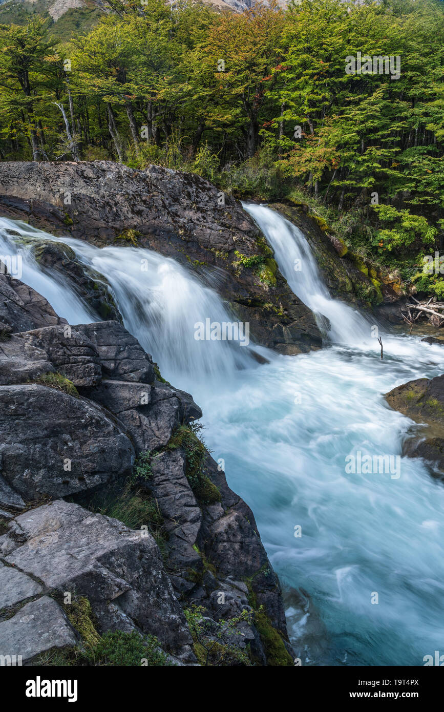 La Cascade de Salto Argentino sur le Rio de Las Vueltas, près d'El Chalten, l'Argentine, en Patagonie de l'Amérique du Sud. Banque D'Images