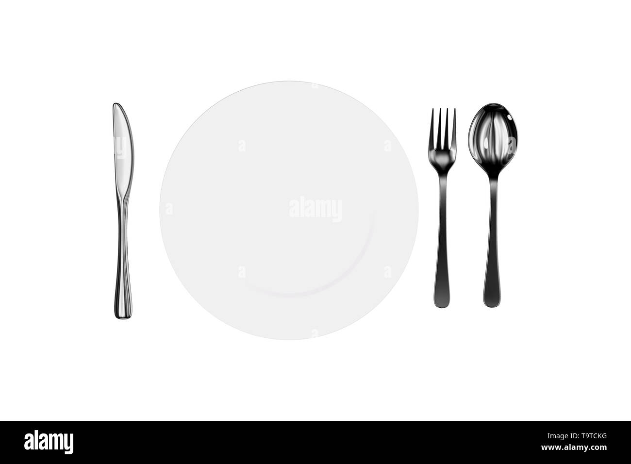 Le rendu 3D de haut vue ci-dessus de l'assiette blanche vide et couteau, cuillère, fourchette, isolé sur fond blanc. Banque D'Images
