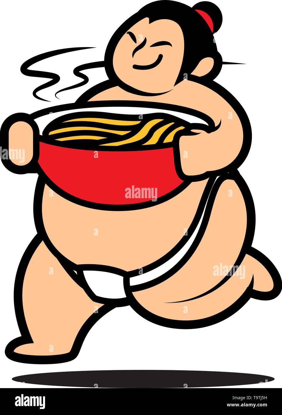Le sumo japonais cartoon mascot offrir un grand bol de ramen chaud caractère vectoriel, illustration Illustration de Vecteur