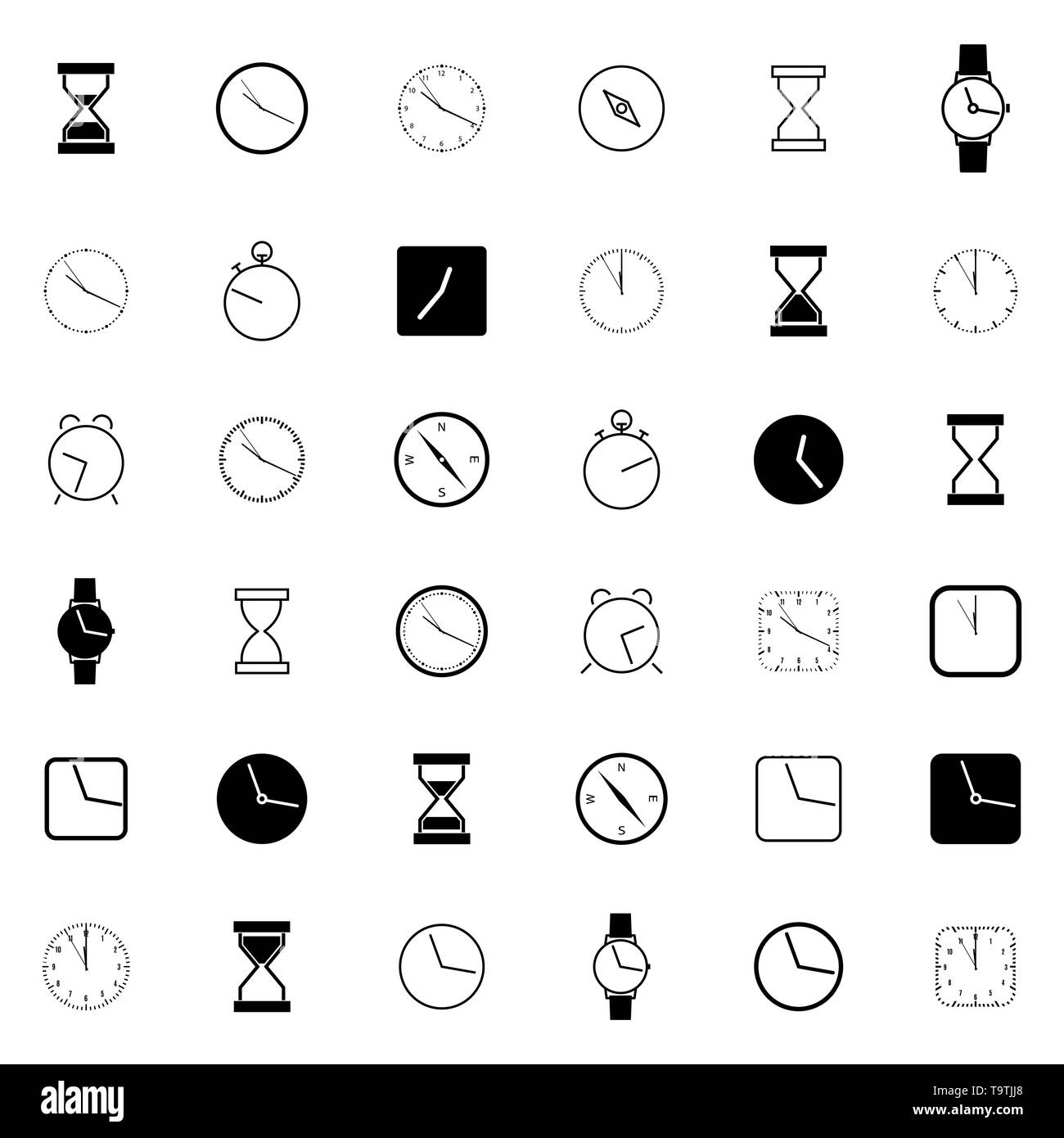 Ensemble d'horloge différentes icônes, silhouettes noires isolé sur fond blanc. Télévision, style vector illustration. Illustration de Vecteur