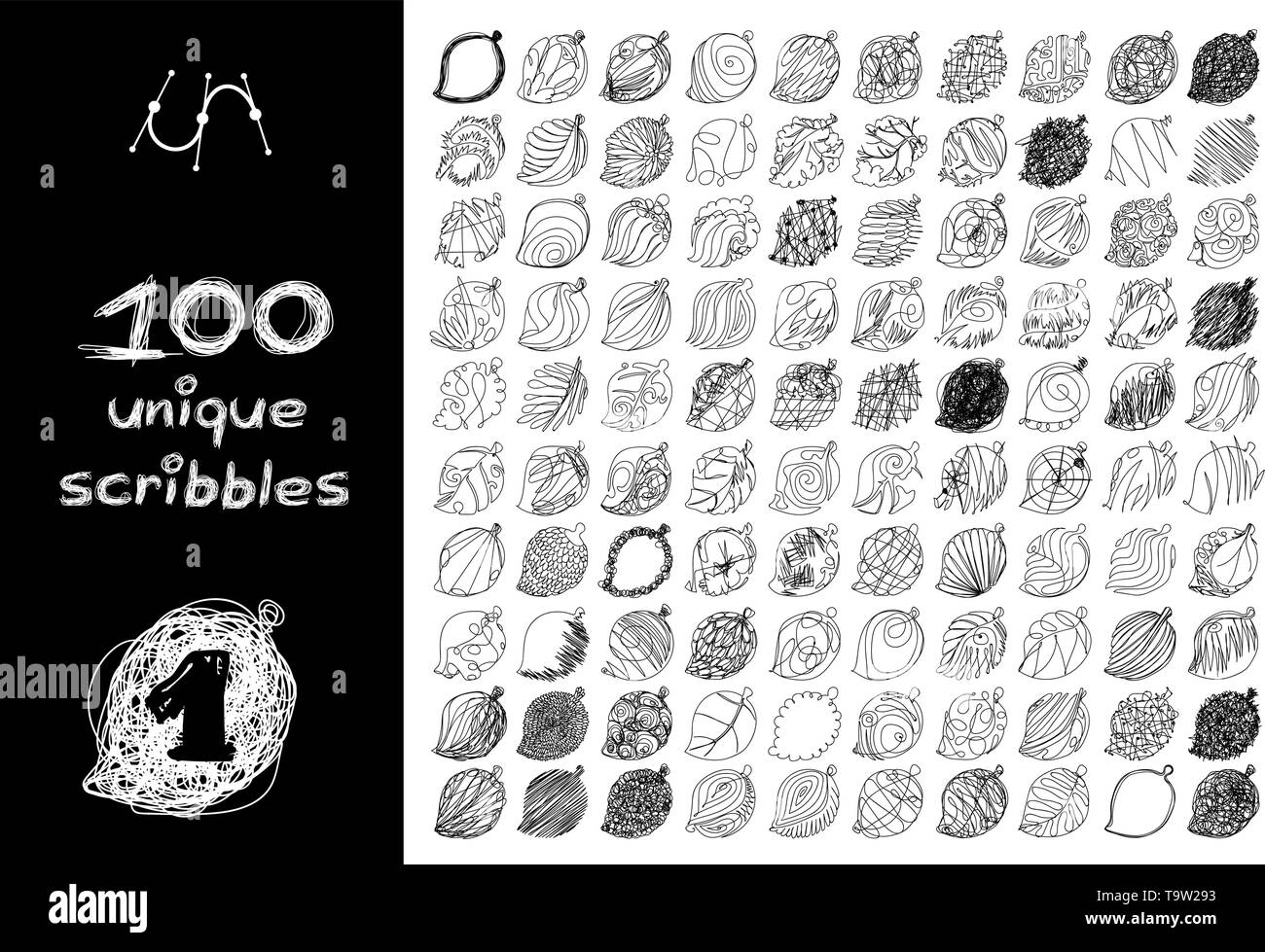 Vector black 100 gribouillis objets définir isolated on white Illustration de Vecteur