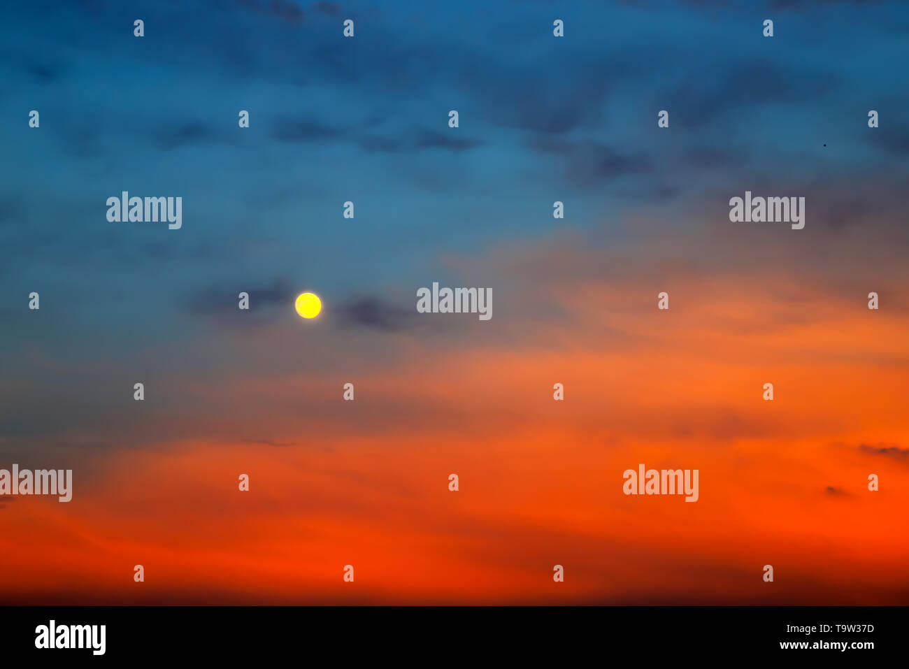 Pleine lune pittoresque sur fond de beaux nuages bleu et rouge. Nuages au coucher du soleil, le lever du soleil pendant la pleine lune. Fond de nuage, l'espace texte. Banque D'Images