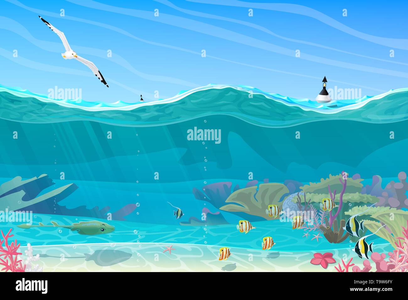 Vector cartoon d'été mer, océan, paysage marin sous-marin Image ...